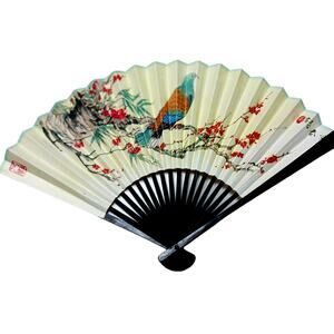 Chinese Folding Hand Fan Dove Floral CAAC VTG Decor 🕊️🌸